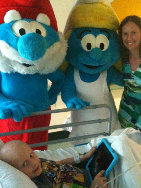 Pappa Smurf and Smurfette. We actually bumped into them when we were in transit from the adult hospital back to the children's hospital. Great timing!